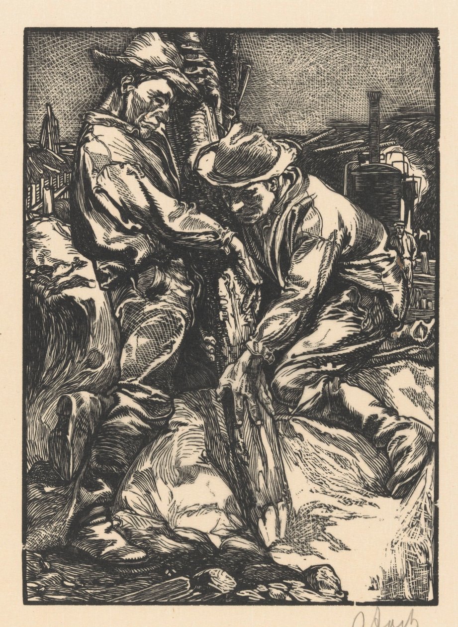 Bygningsarbeidere opptatt med påling av Johannes Josephus Aarts (signed by artist)