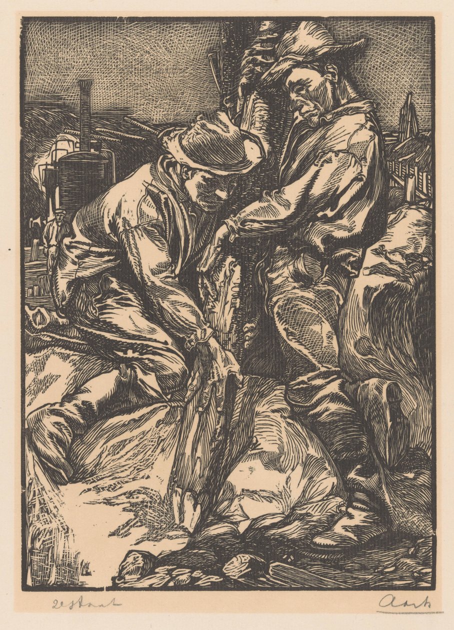 Bygningsarbeidere opptatt med påling av Johannes Josephus Aarts (signed by artist)