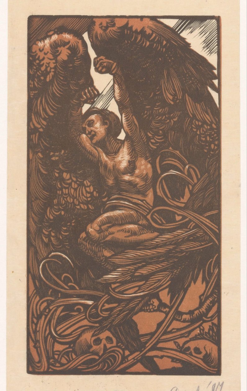 Bevinget kvinne med hodeskaller av Johannes Josephus Aarts (signed by artist)
