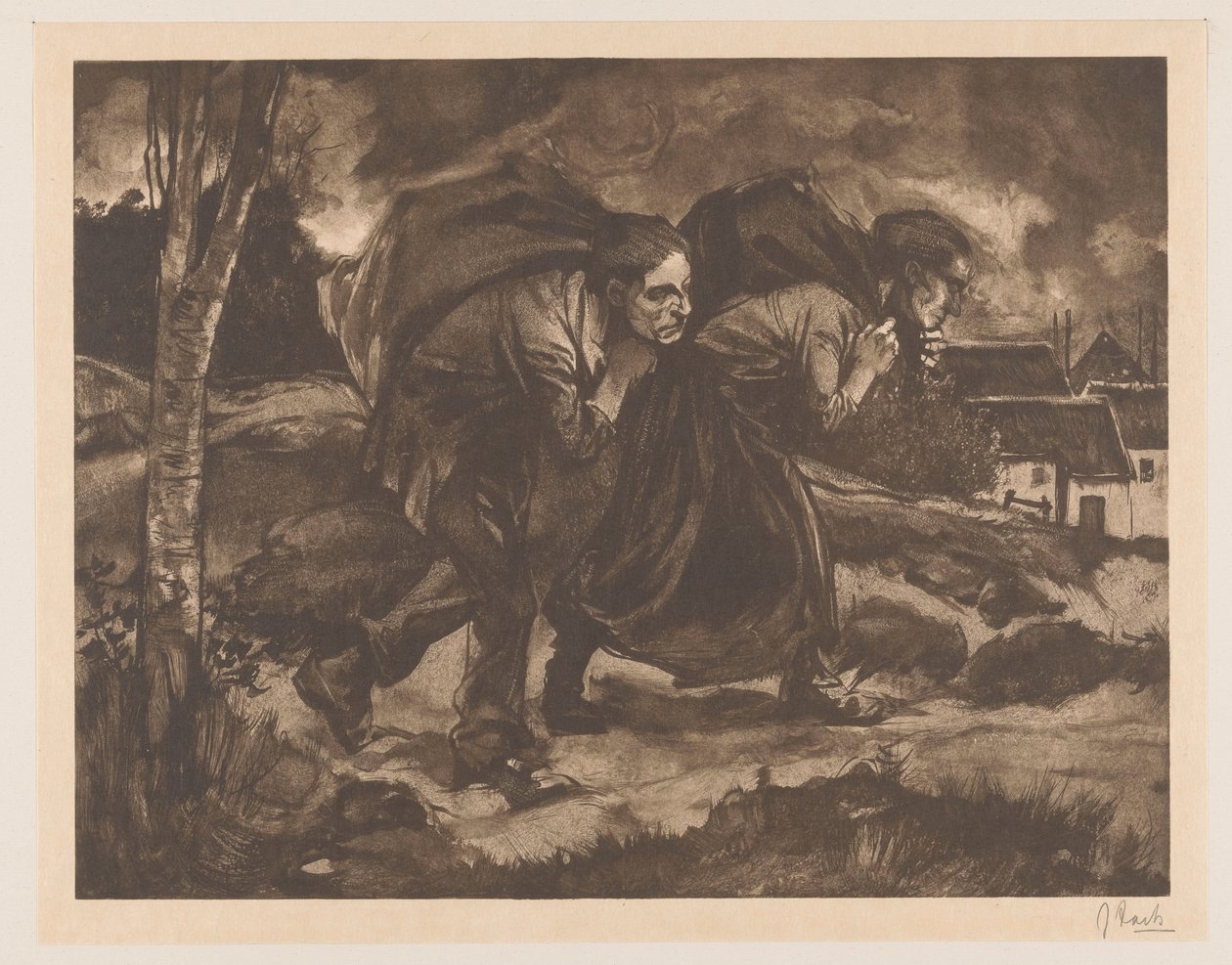 Mann og kvinne med bag på ryggen av Johannes Josephus Aarts (signed by artist)