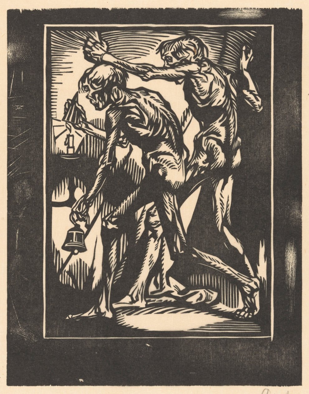 To nakne mannsfigurer med bjelle og lysslukker av Johannes Josephus Aarts (signed by artist)