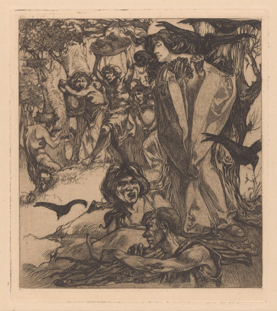 Skoglandskap med mennesker, kråker og satyr av Johannes Josephus Aarts