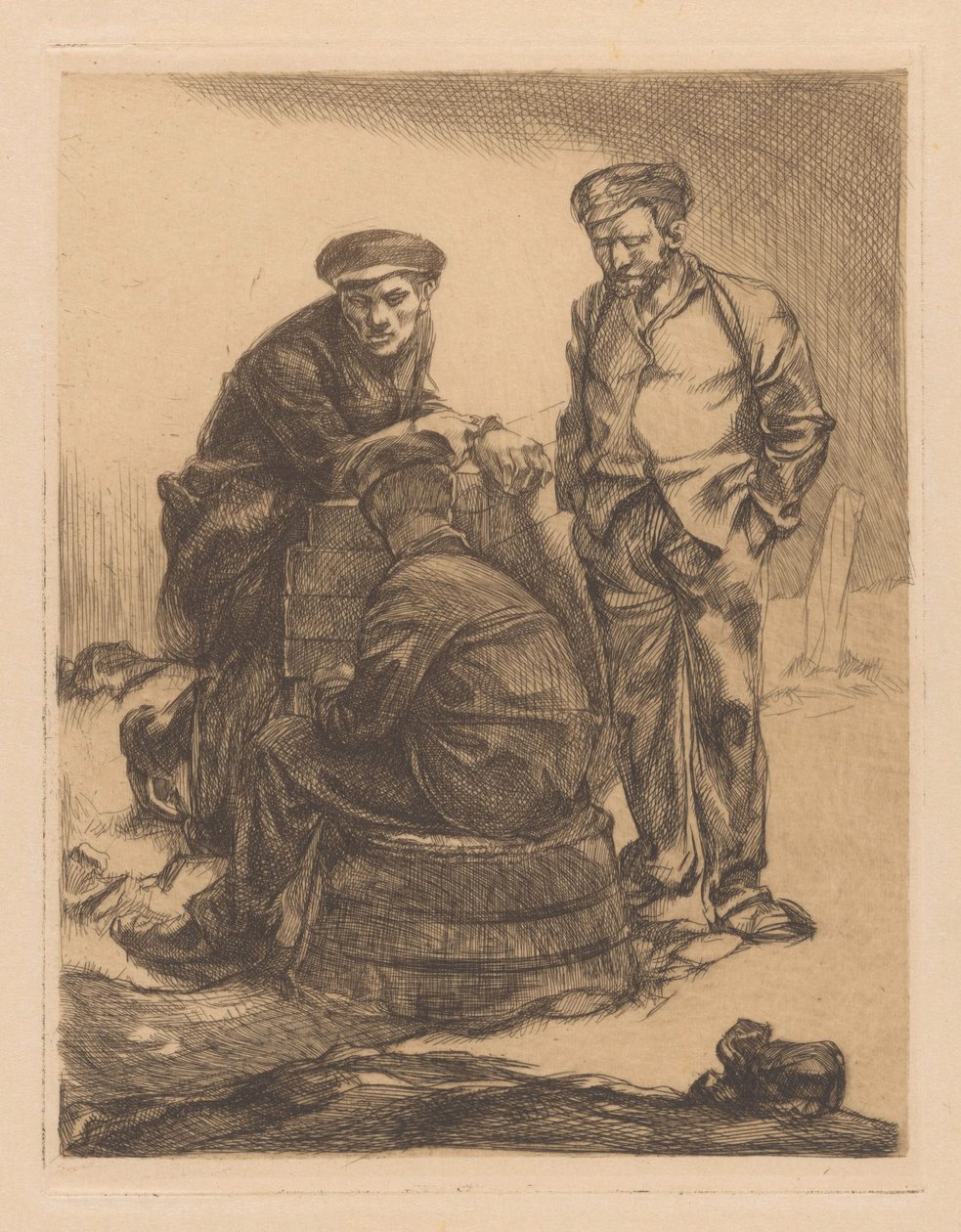Tre arbeidere med caps av Johannes Josephus Aarts