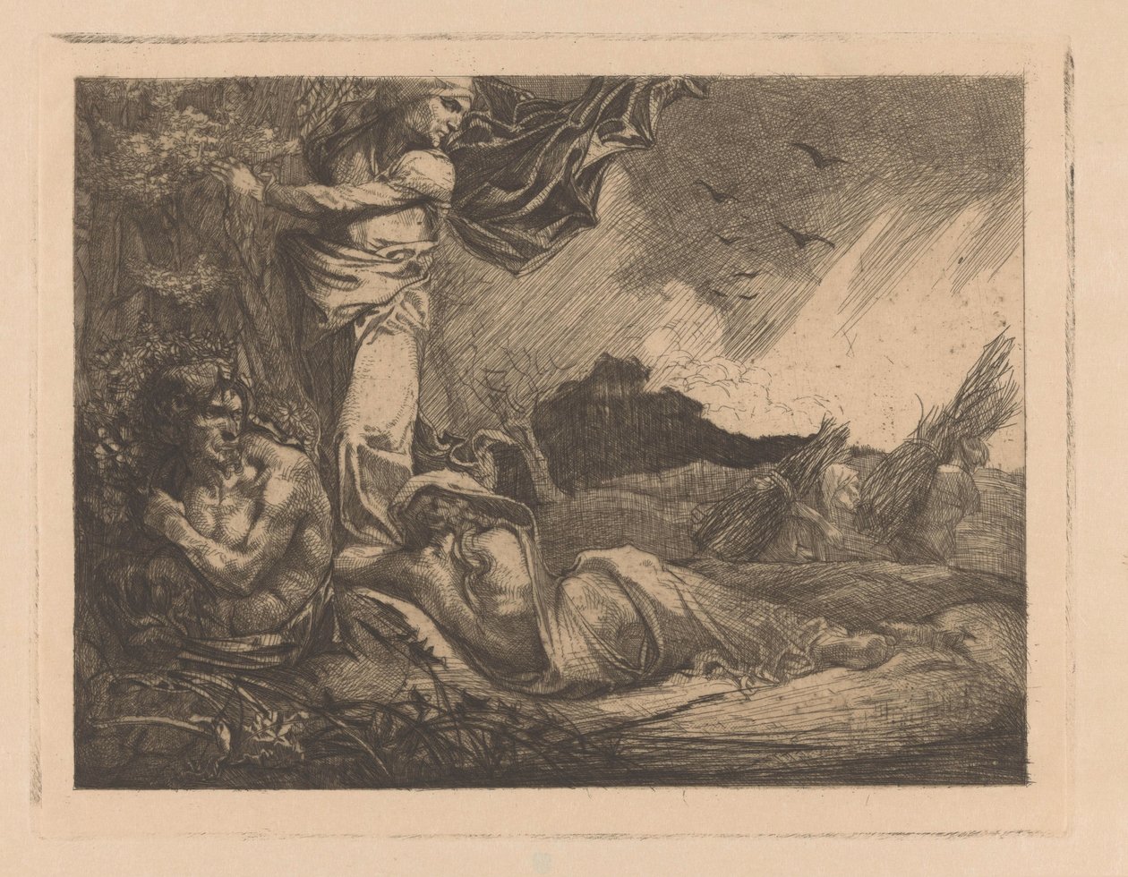 Landskap med hveteåker, høstere, satyr og kvinneskikkelser av Johannes Josephus Aarts