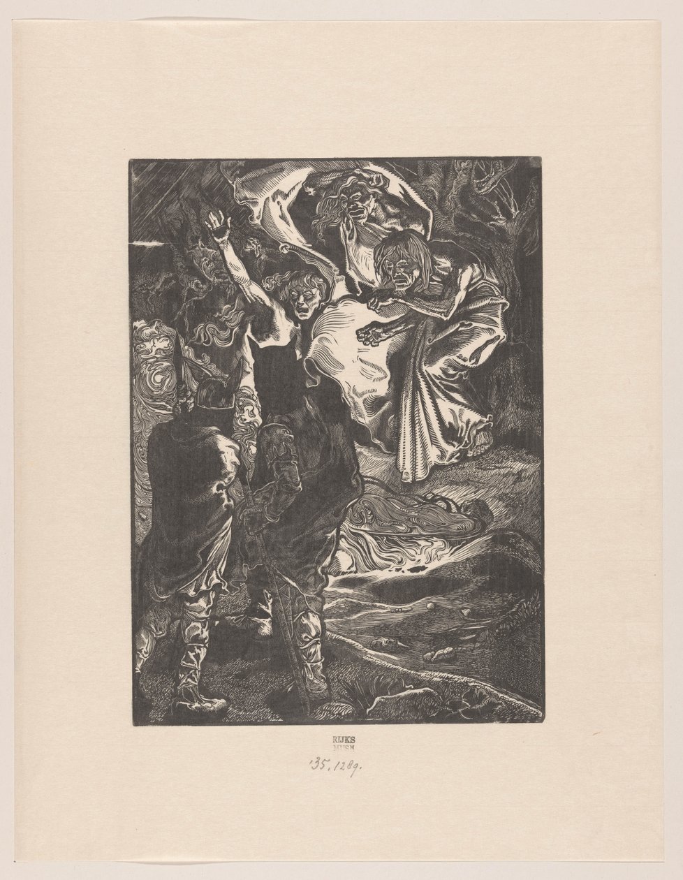 Macbeth og Banquo møter de tre heksene av Johannes Josephus Aarts