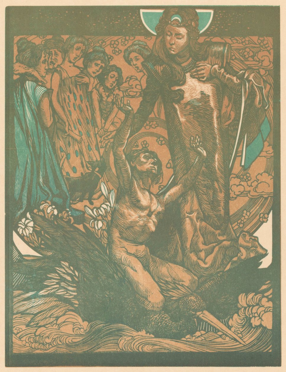 Kvinnefigurer med mann på fugleryggen av Johannes Josephus Aarts