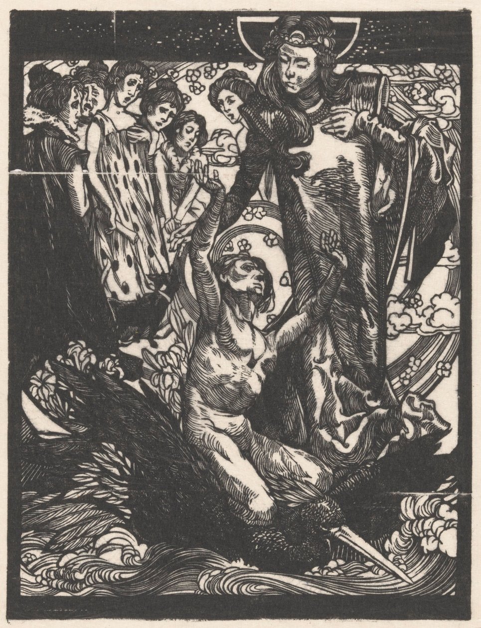 Kvinnefigurer med mann på fugleryggen av Johannes Josephus Aarts