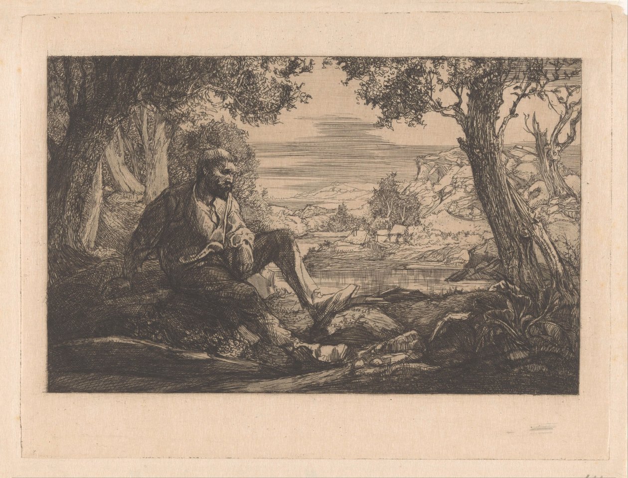 Sittende mann i kupert landskap av Johannes Josephus Aarts