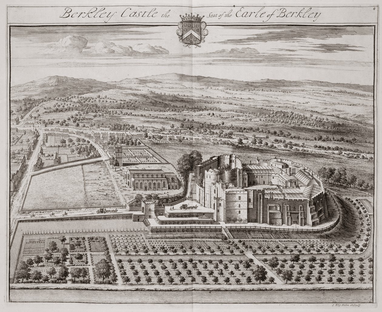 Berkeley Castle, setet til jarlen av Berkeley (gravering) av Johannes Kip