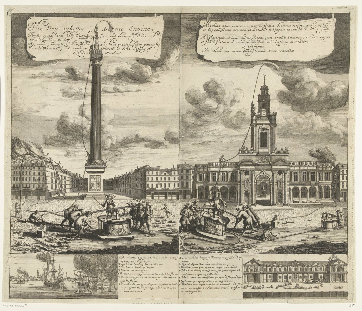 Bruk av slangbrandspuiten i London, ca. 1690-1700 Den nye Sukeing Worme Engine For rask og enkel slukking av branner og drenering av dammer og annet stående vann (...) (tittel på objekt) Machina nova exuctoria vermi: formis Flammis restinguendi av Johannes Kip