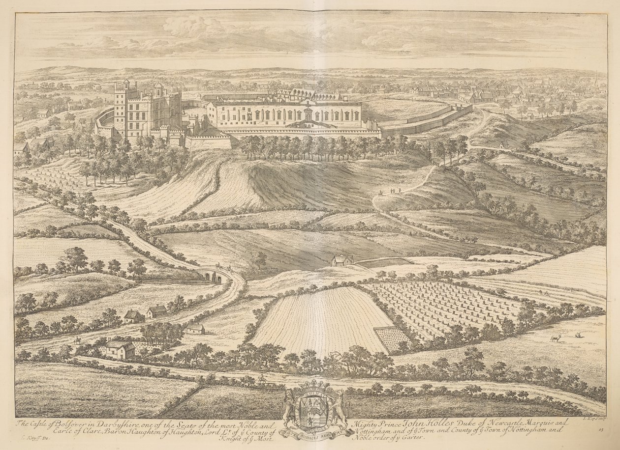 The Castle of Bolsover i Darbyshire: en av setene til den mest edle og mektige prins John Holles hertug av Newcastle, markis og jarle av Clare, Baron Haughton, lord Lt. av ye County of Nottingham og ye Town and County of ye Town av Nottingham an av Johannes Kip