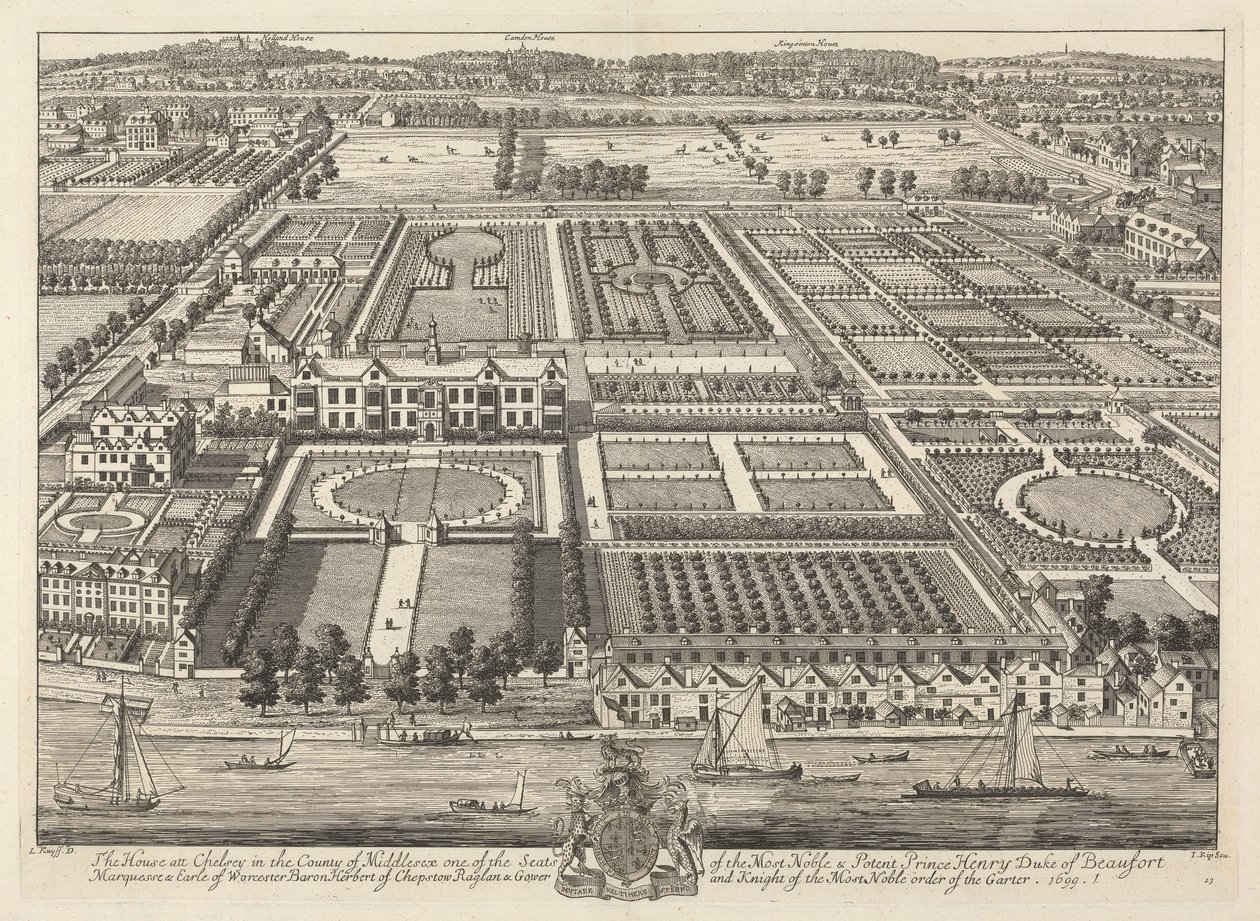 Utsikt over Beaufort House og Chelsea 1699 av Johannes Kip