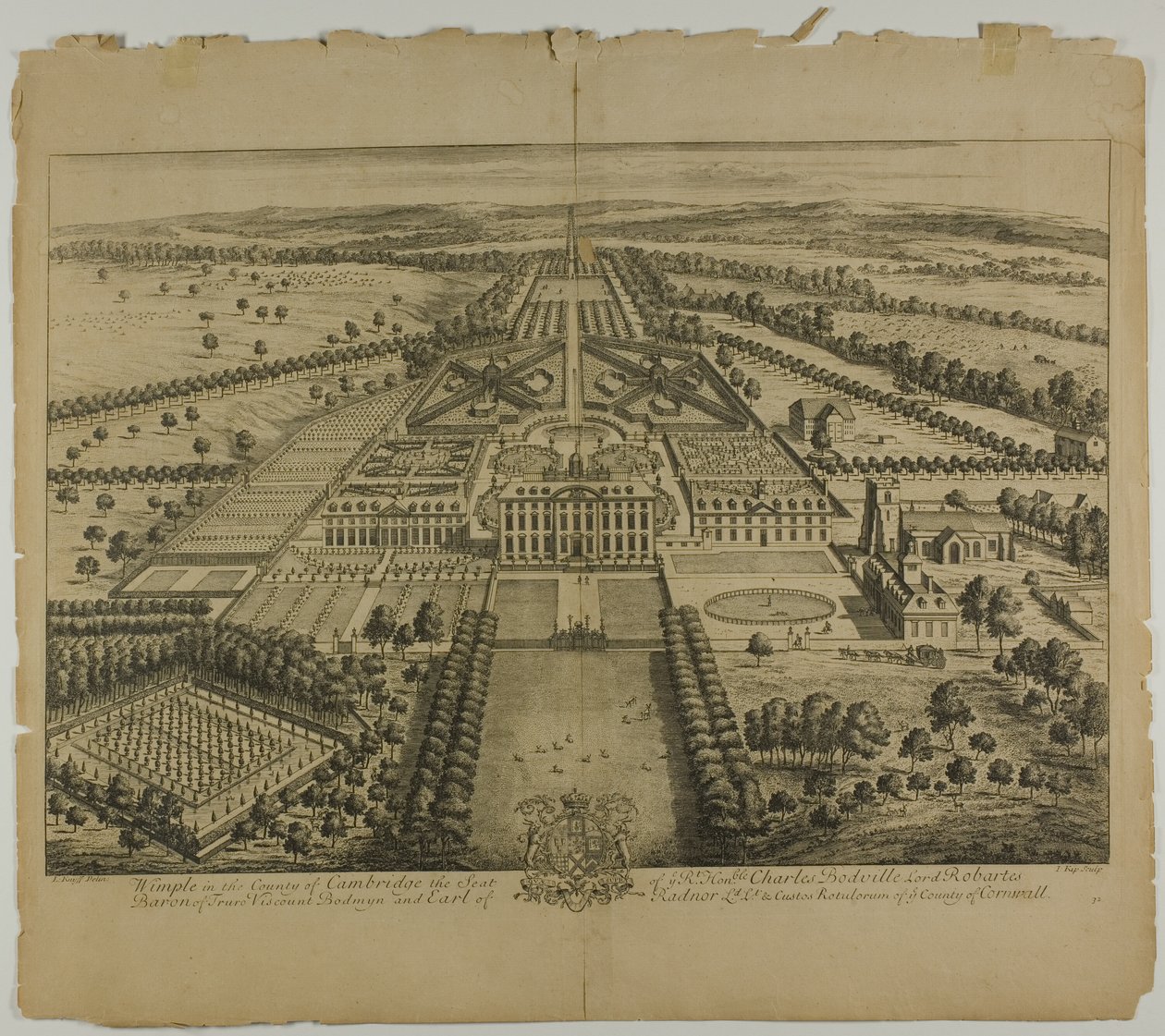 Wimple i County of Cambridge, plate 32 fra Britannia Illustrata av Johannes Kip