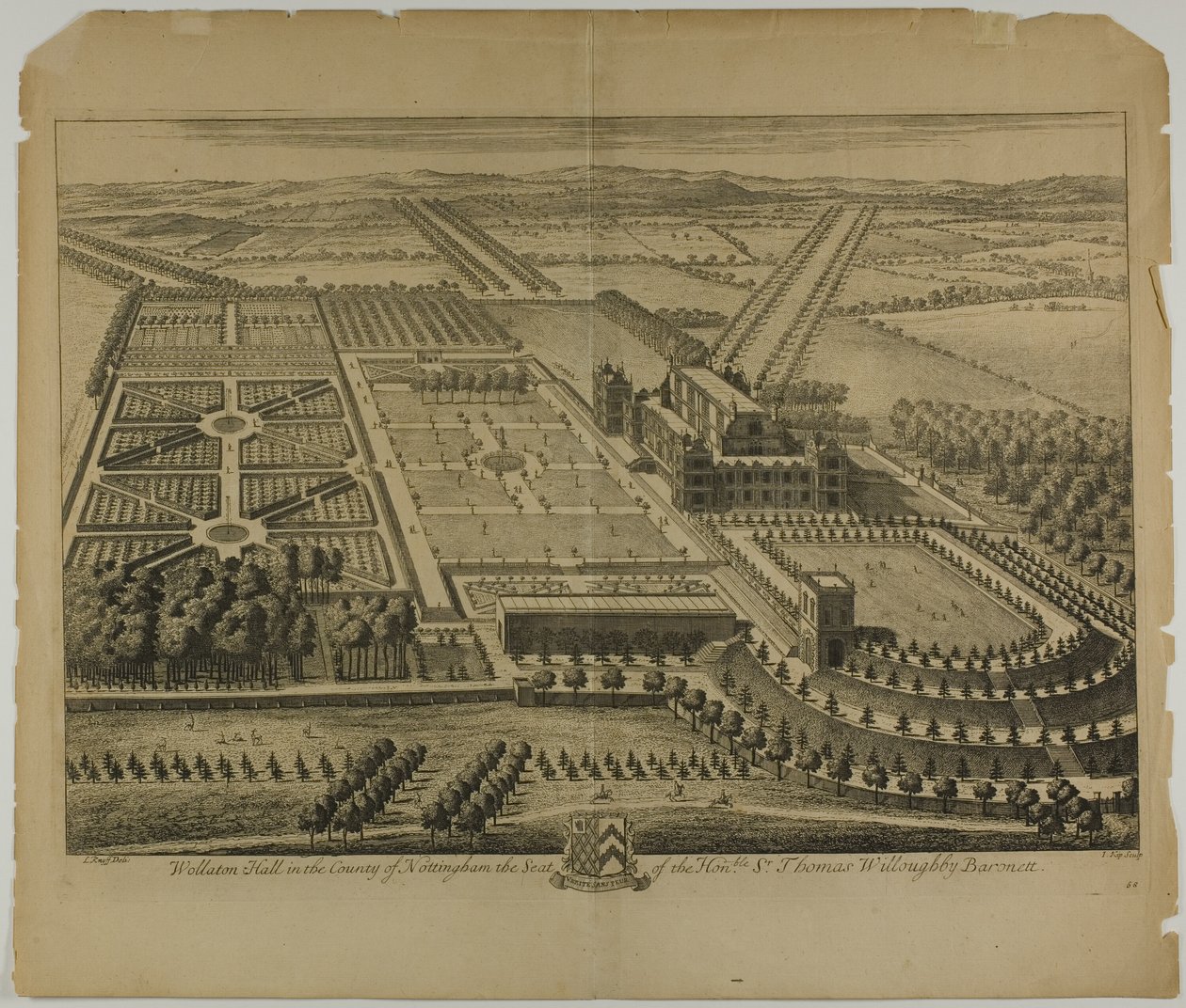 Wollaton Hall i County of Nottingham, plate 68 fra Britannia Illustrata av Johannes Kip