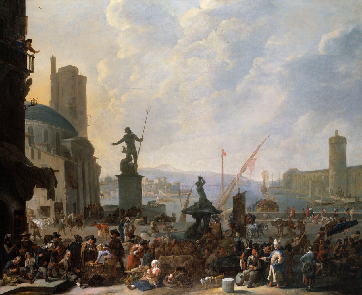 En Capriccio av en middelhavshavn med Berninis Triton-fontene, og en Capriccio av Louvre-palasset, av Johannes Lingelbach