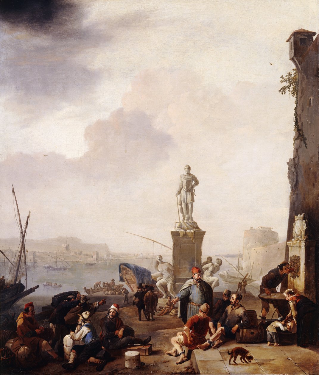 En middelhavshavn med monumentet til storhertug Ferdinando I av Toscana ved Leghorn, av Johannes Lingelbach