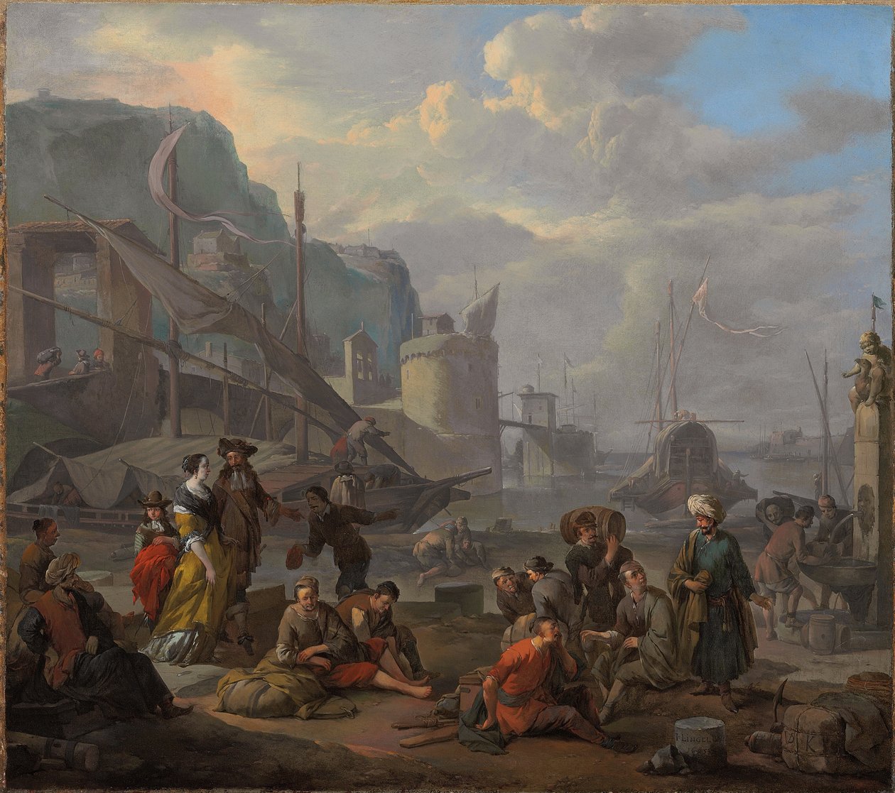 En middelhavshavn med et elegant par og reisende som hviler ved kaien av Johannes Lingelbach