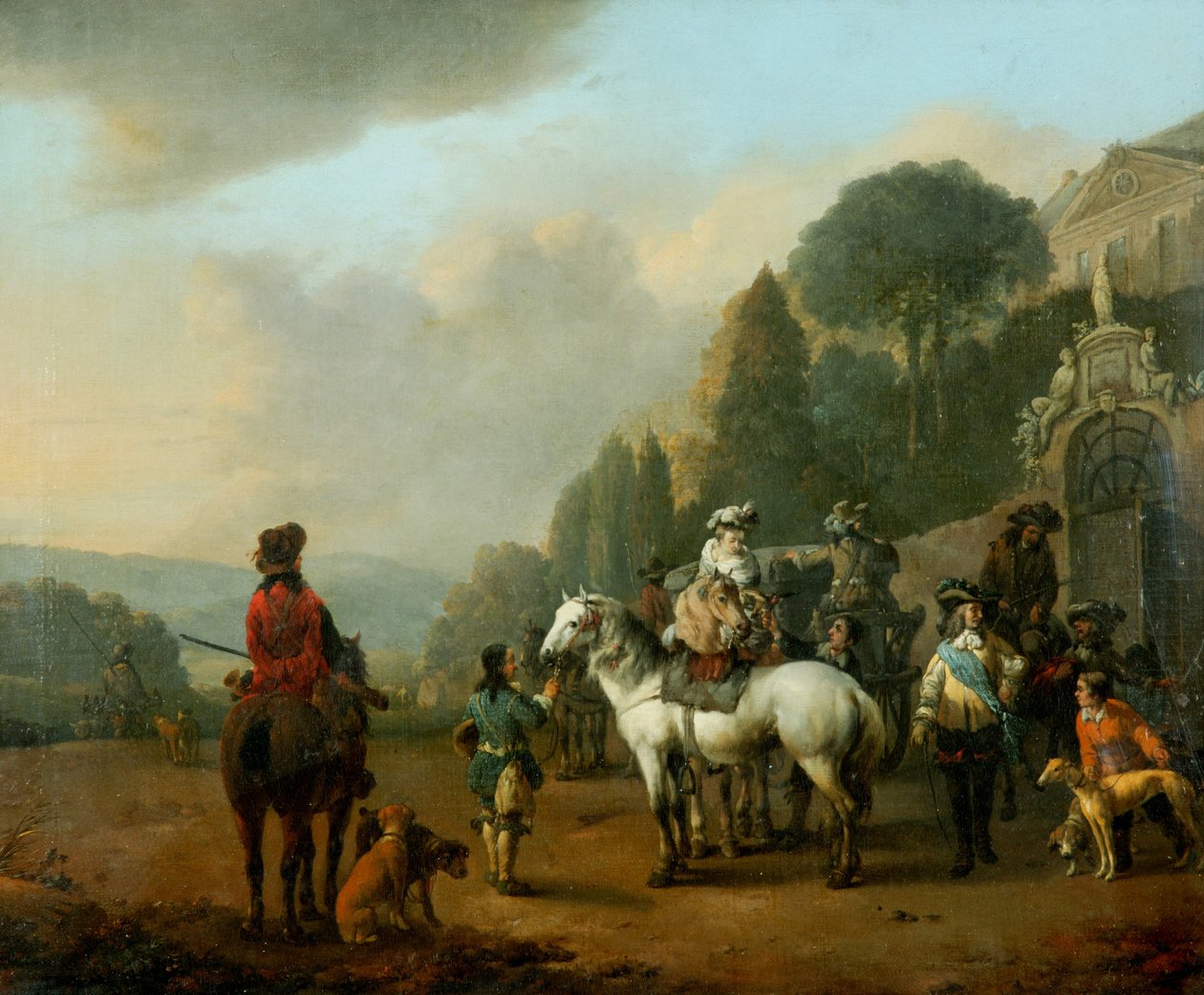 Et parti falkonerere utenfor portene til et slott (olje på lerret) av Johannes Lingelbach