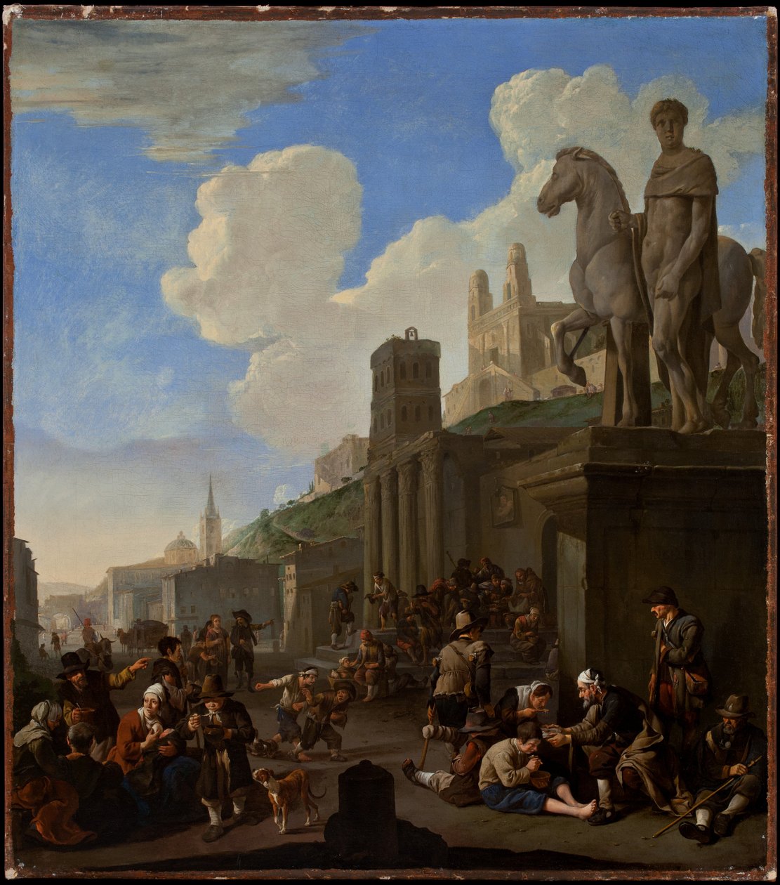 En gatescene med en Capriccio av romerske bygninger av Johannes Lingelbach