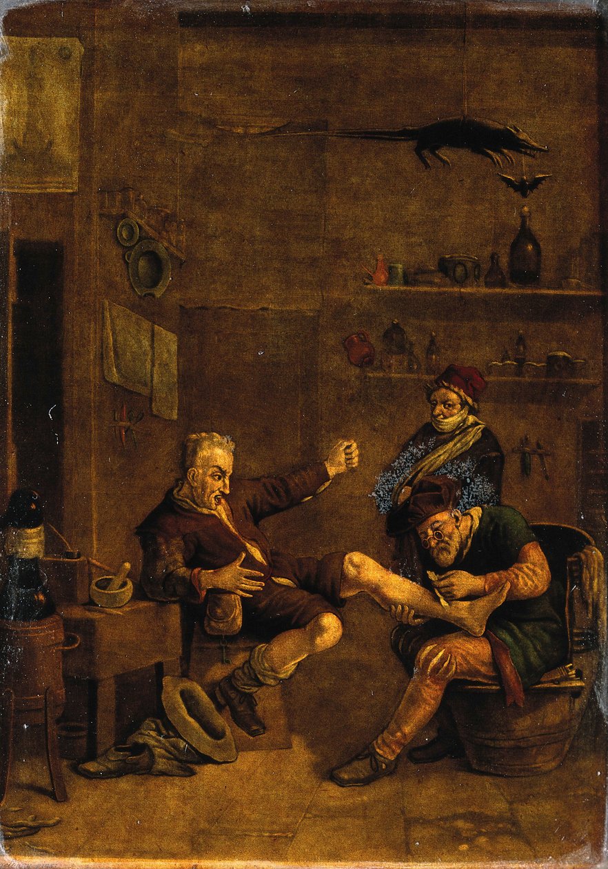 En kirurg behandler en manns fot. Mezzotint etter en komposisjon tilskrevet Johannes Lingelbach. av Johannes Lingelbach