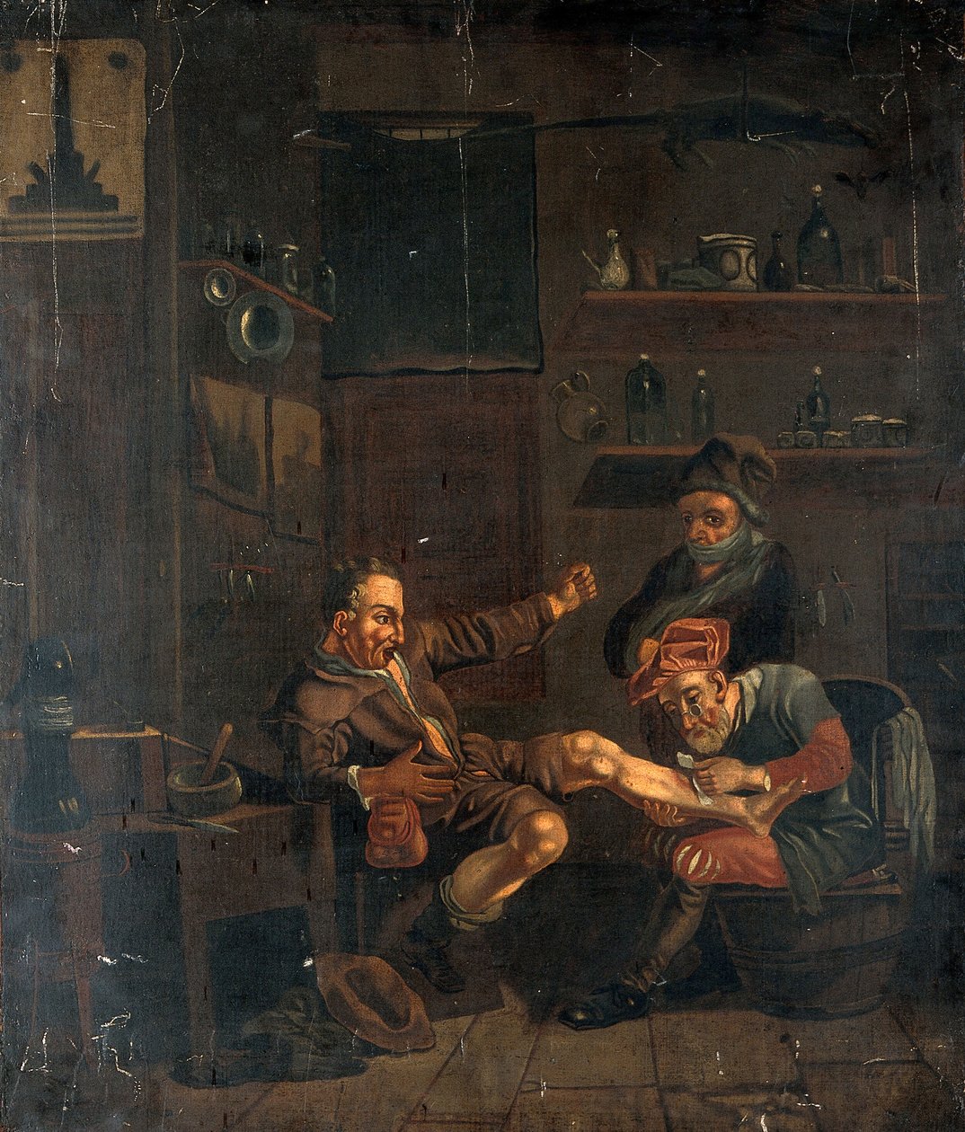 En kirurg behandler en manns fot. Oljemaleri etter en komposisjon tilskrevet Johannes Lingelbach. av Johannes Lingelbach