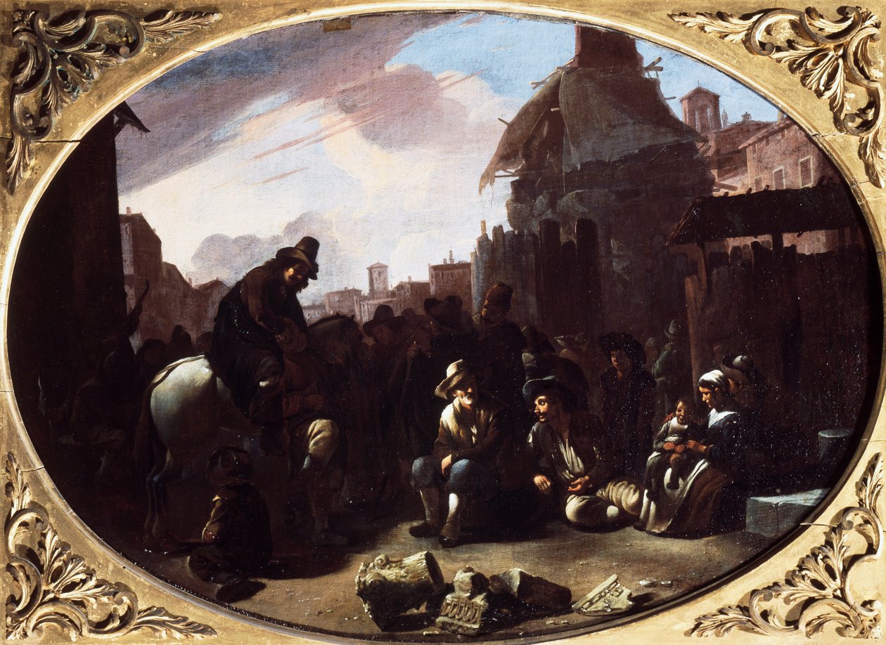Bambocciata, tanntrekker i Piazza Navona (olje på lerret) av Johannes Lingelbach