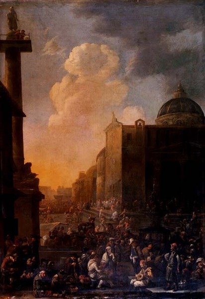 Capriccio utsikt over en romersk piazza (olje på panel) av Johannes Lingelbach