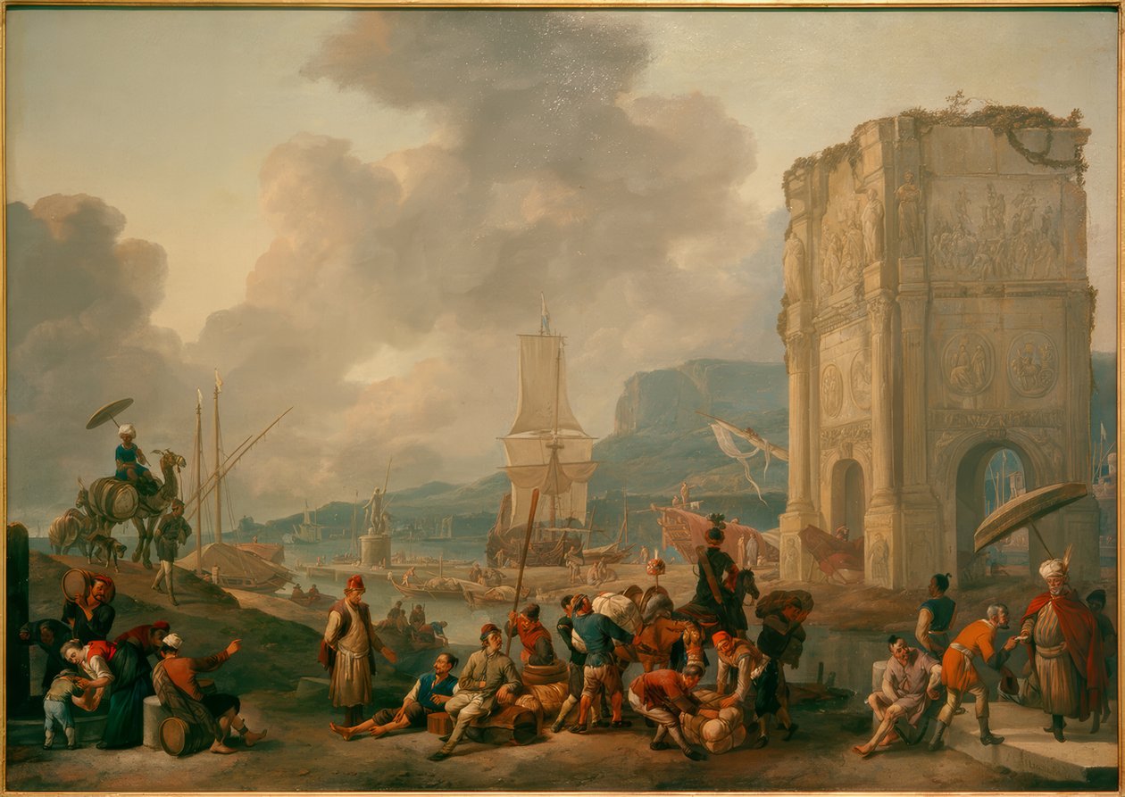 Capriccio av en italiensk havn med Konstantinbuen av Johannes Lingelbach