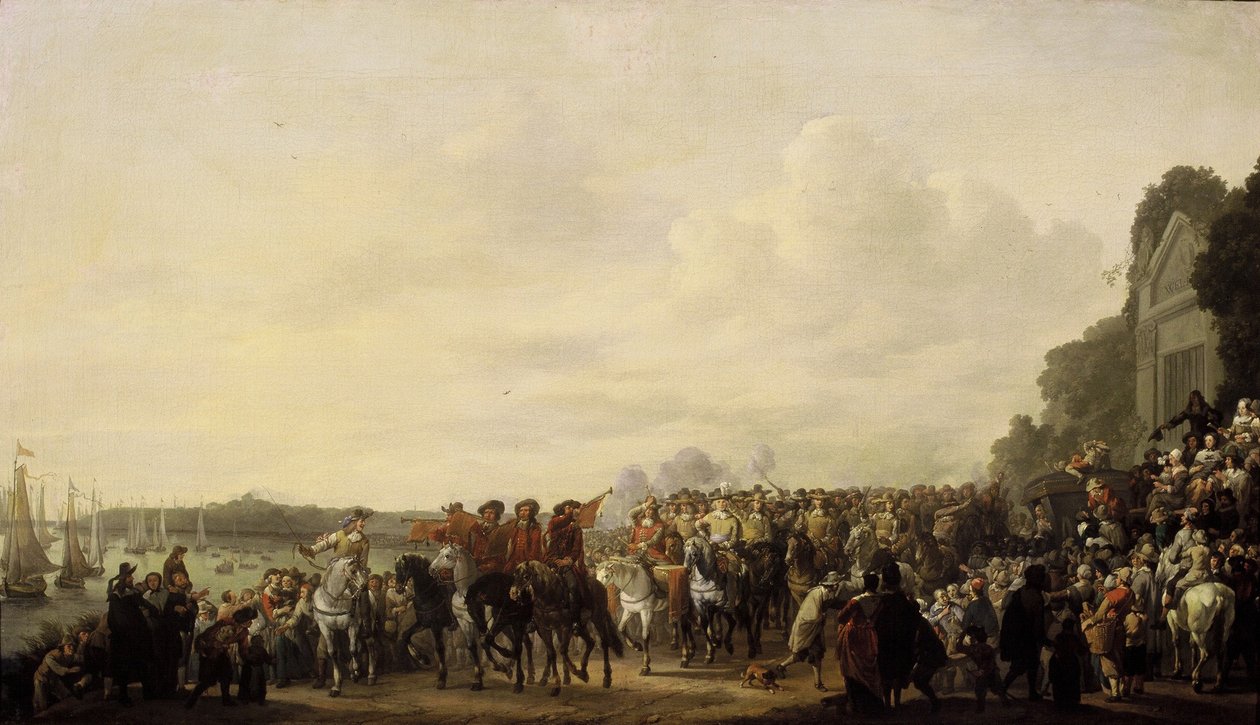 Charles II stopper ved eiendommen til Wema på Rotte på sin reise fra Rotterdam til Haag, 25. mai 1660 av Johannes Lingelbach