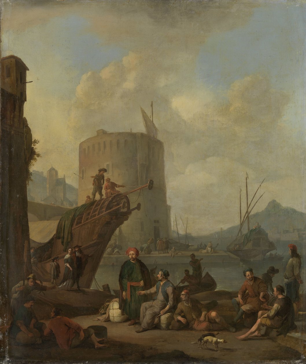 Italiensk havn med et befestet tårn av Johannes Lingelbach