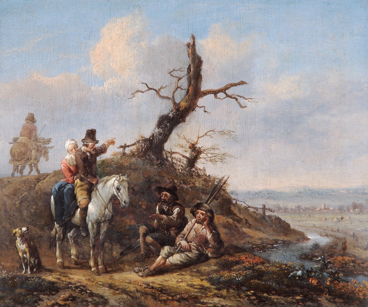Landskap med reisende som hviler og par på hesteryggen (olje på eikepanel) av Johannes Lingelbach