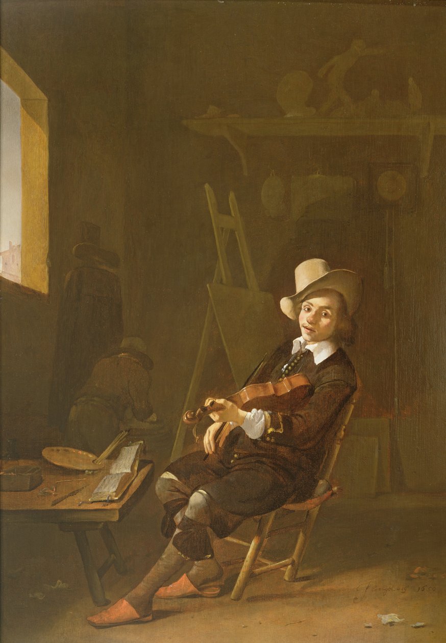 Selvportrett av artisten som spiller fiolin av Johannes Lingelbach