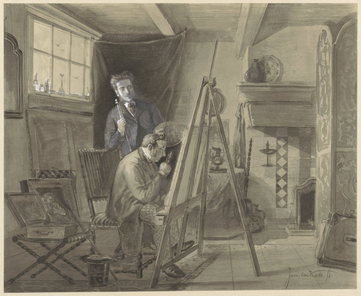 Selvportrett av Johannes Marius van Kate, stående i studioet sitt med en besøkende av Johannes Marius ten Kate