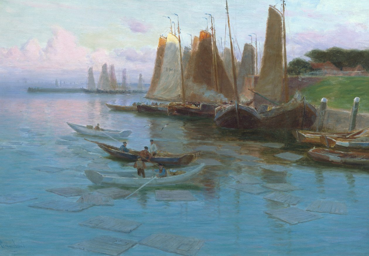 Fiskebåter i havnen (maleri) av Johannes Martin Grimelund