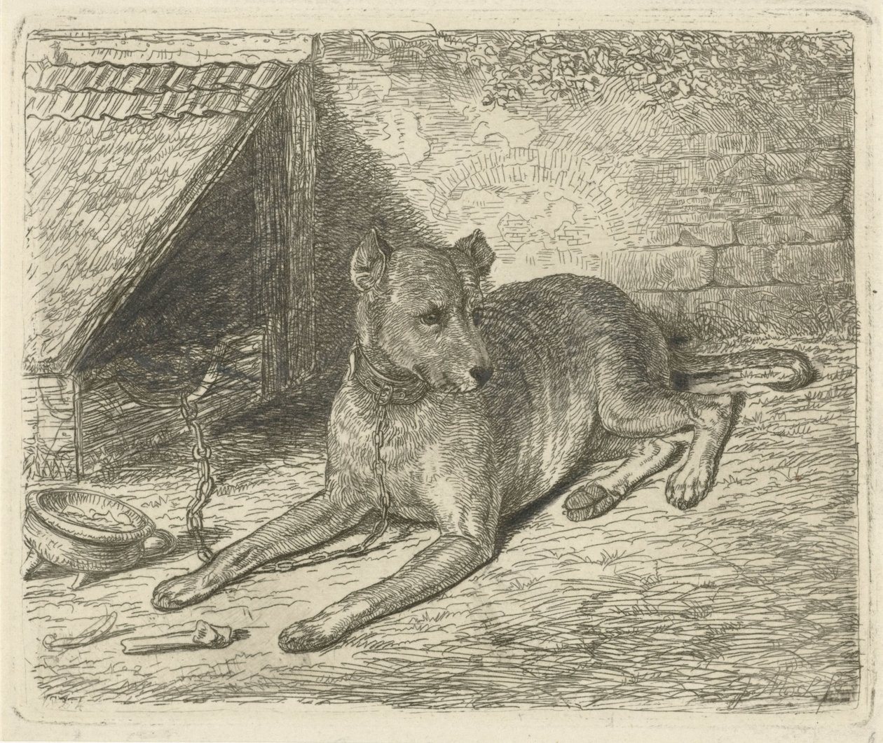 Hund på en lenke ved et hundehus av Johannes Mock