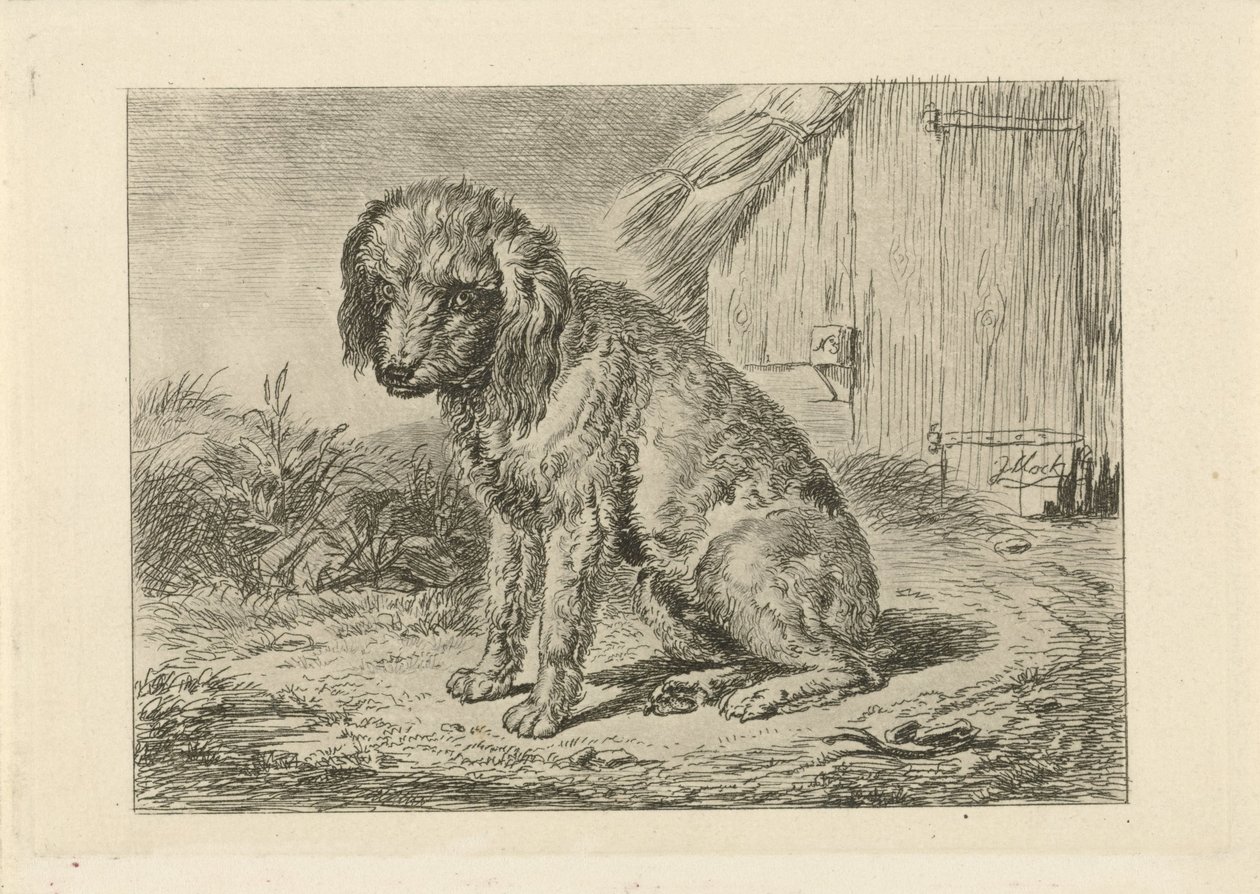 Sittende hund ved en låve av Johannes Mock