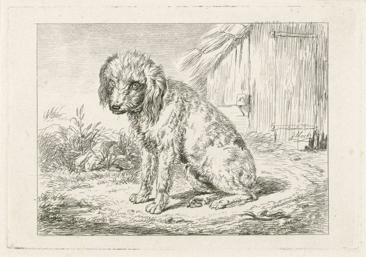 Sittende hund ved en låve av Johannes Mock