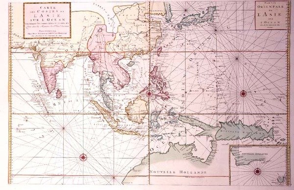 Kystkart som strekker seg fra det nordvestlige India til det nordlige Australia via Japan og Filippinene, ca. 1700 (farget gravering) av Johannes and Mortier Cornelis Covens