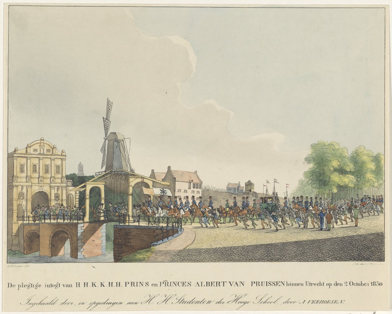 Inntreden av prinsesse Marianne og hennes ektemann prins Albert i Utrecht, 1830 Den høytidelige inngangen til H.H.K.K.H.H. Prins og prinser Albert av Preussen i Utrecht 2. oktober 1830 (tittel på objekt) av Johannes Paulus Houtman
