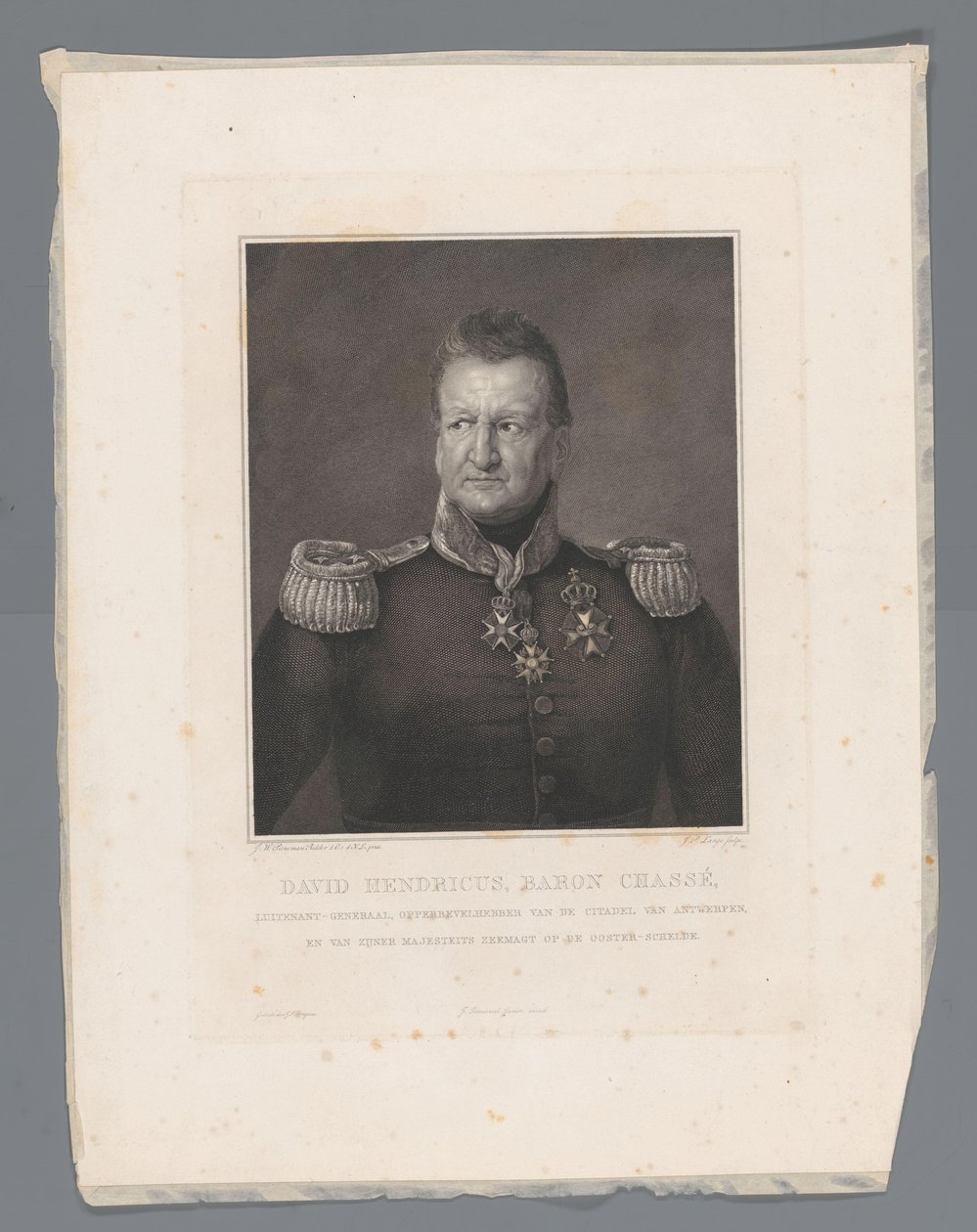 David Hendricus, baron Chassé, generalløytnant, øverstkommanderende for Citadel of Antwerpen, og for Hans Majestets sjømakt på den østlige Schelde (tittel på objekt) av Johannes Philippus Lange