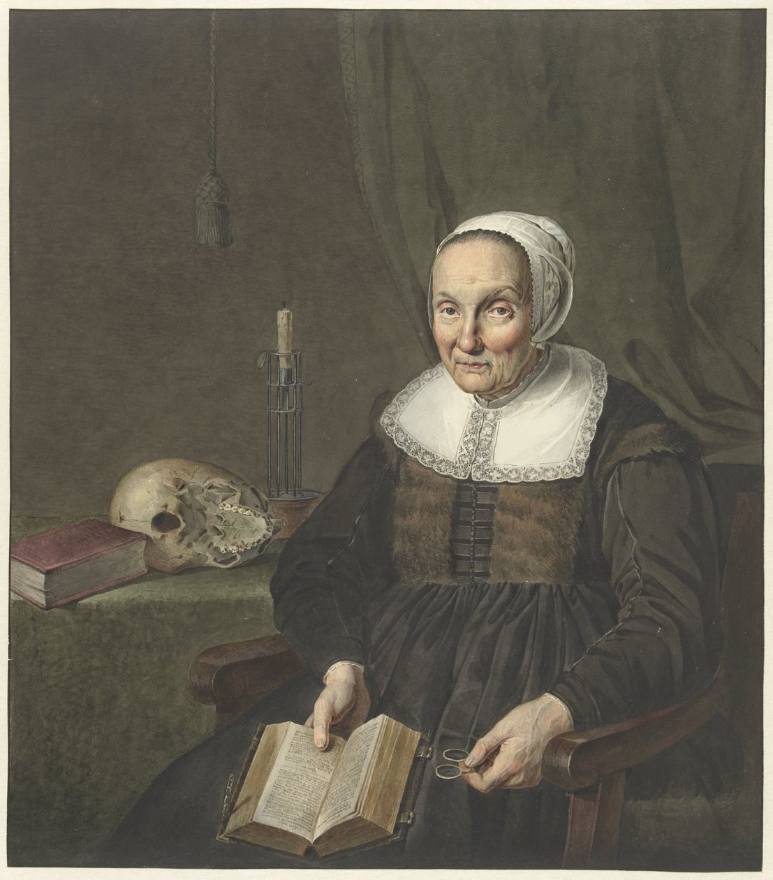 Portrett av en sittende gammel kvinne med en åpen bok av Johannes Pieter de Frey