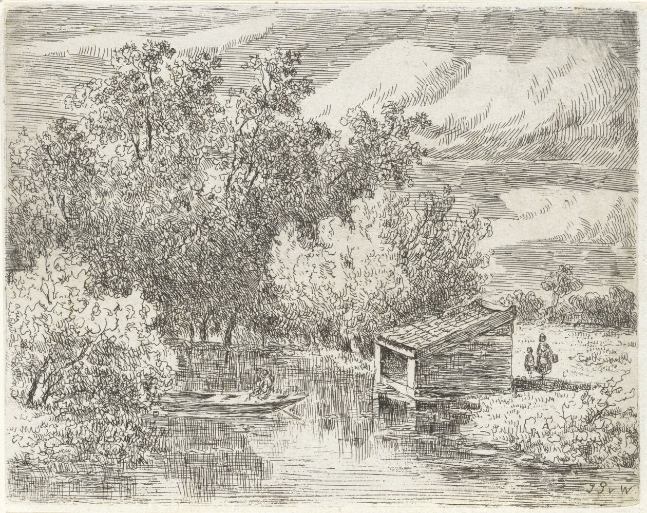 Naust ved en elv av Johannes Pieter van Wisselingh