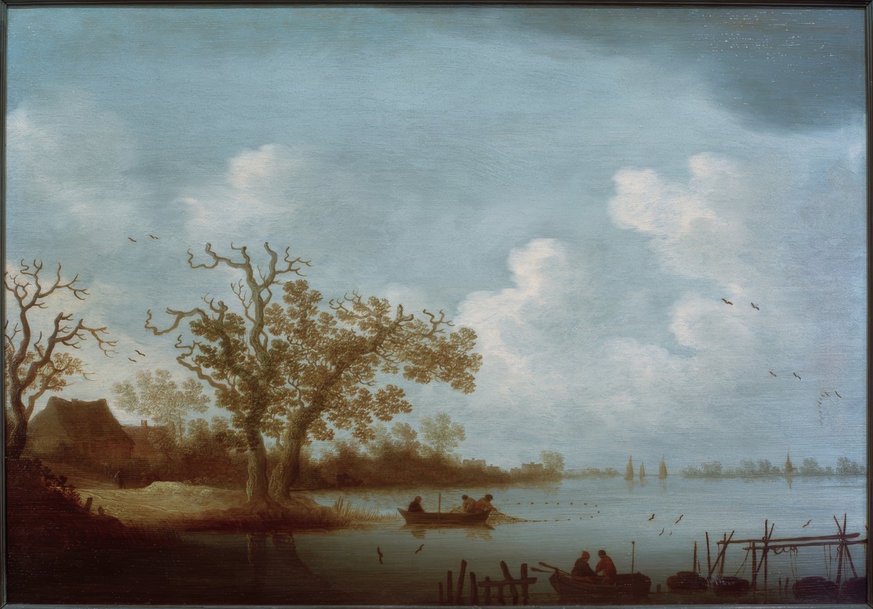 Nederlandsk elvelandskap med gårdshus og fiskebåter av Johannes Pietersz. Schoeff