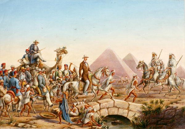 Prins Albert av Preussen med sitt følge på turné i pyramidene i Giza (akvarell på papir) av Johannes Rabe