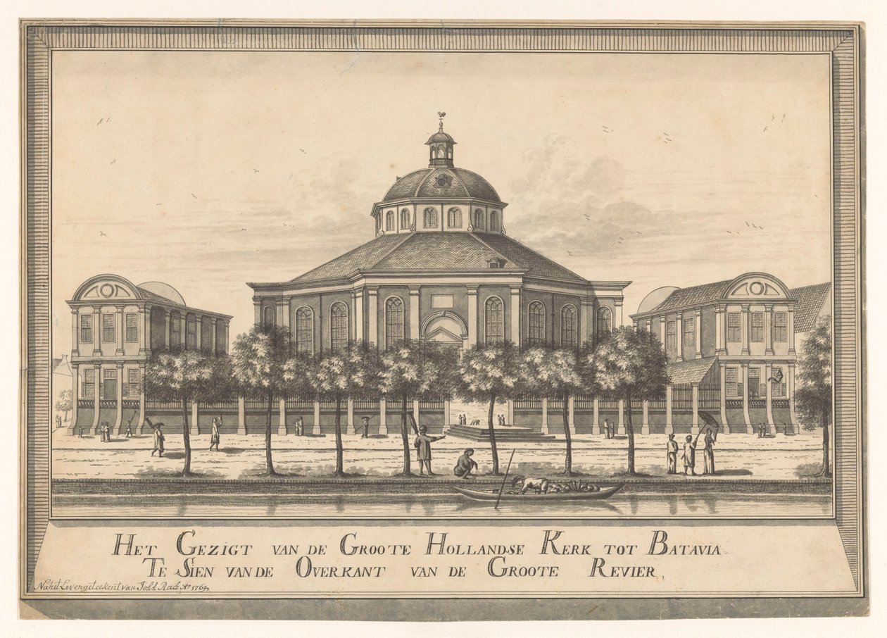 Utsikt over den nye nederlandske kirken i Batavia Utsikten fra Groote Hollandse Kerk til Batavia Te Sien fra den andre siden av Groote Revier (tittel på objekt) av Johannes Rach