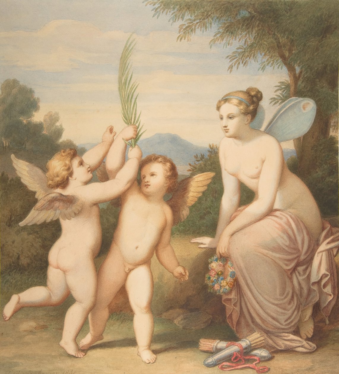 Eros og Anteros med psyke som ser på dem, 1810-60. av Johannes Riepenhausen