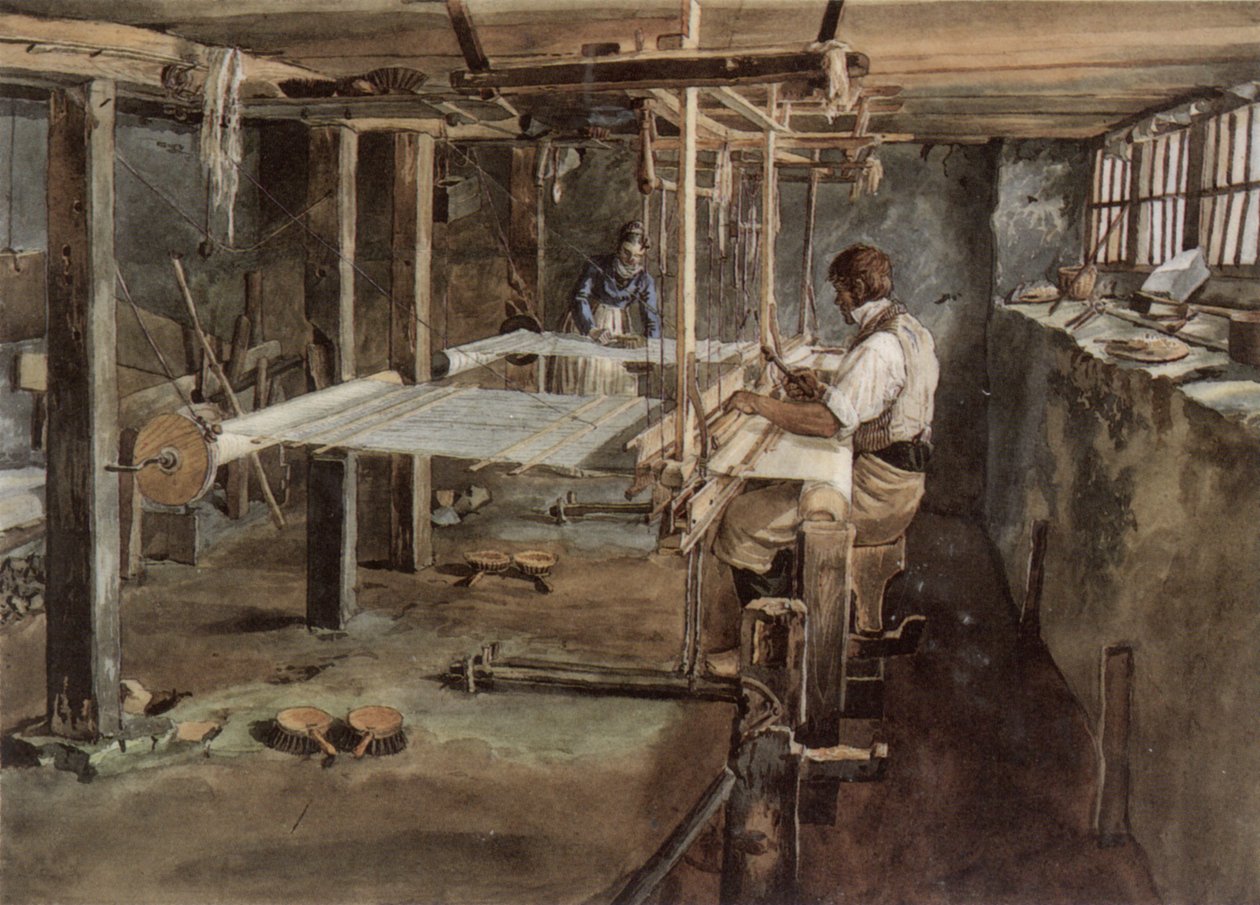 Appenzell veverpar i arbeid på håndveven, rundt 1830 av Johannes Schiess