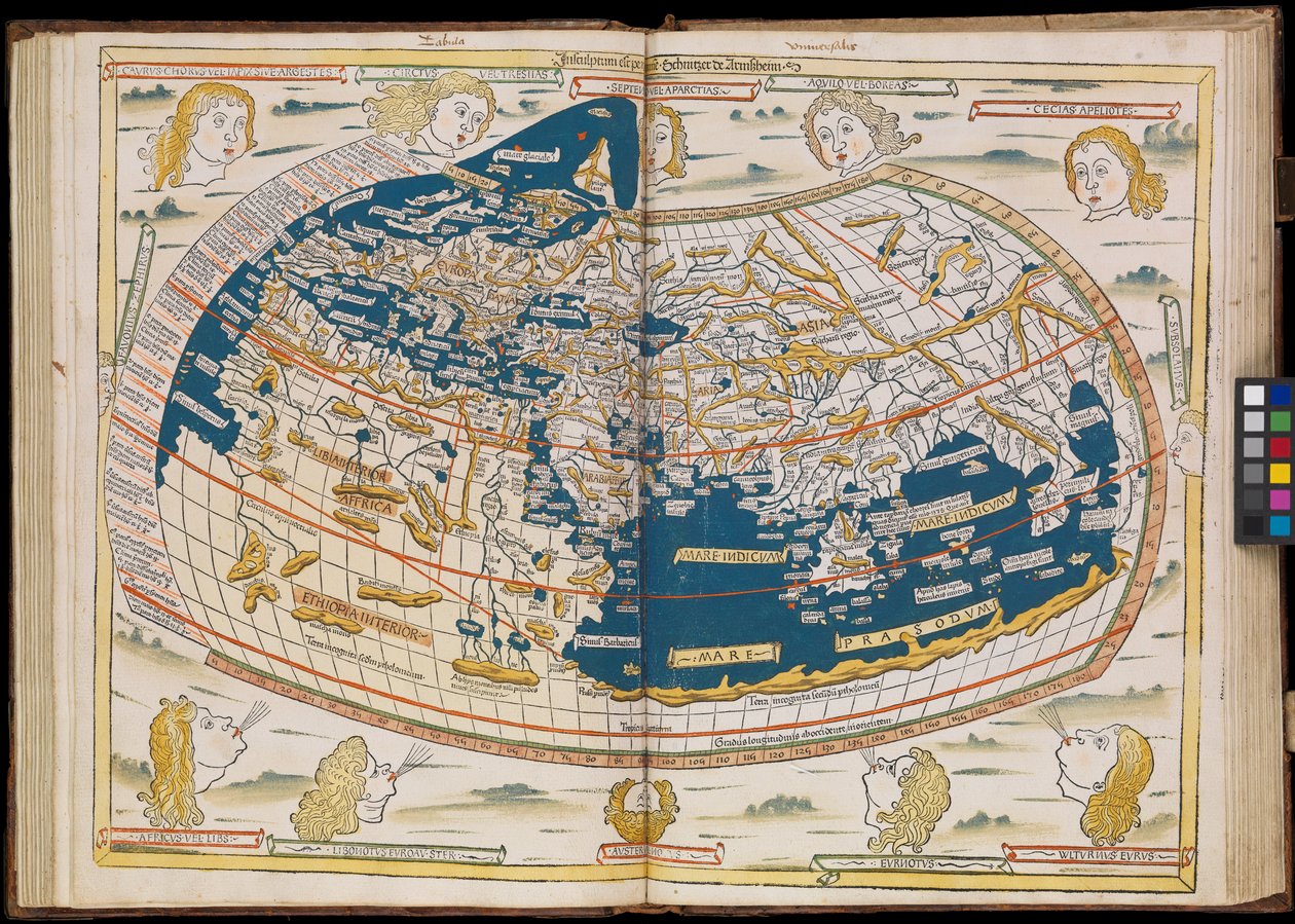 Den første utgaven av Ptolemaios trykt i Tyskland, og den første med tresnittkart. Original innbinding. av Johannes Schnitzer