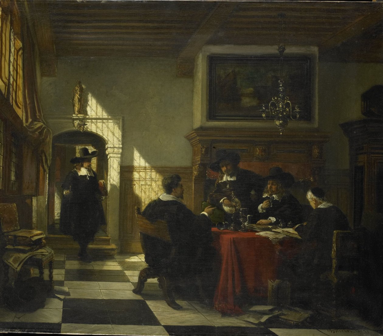 Selskap i 1600-tallsdrakt ved et bord hvorpå en Nautilus-kopp av Johannes Stroebel
