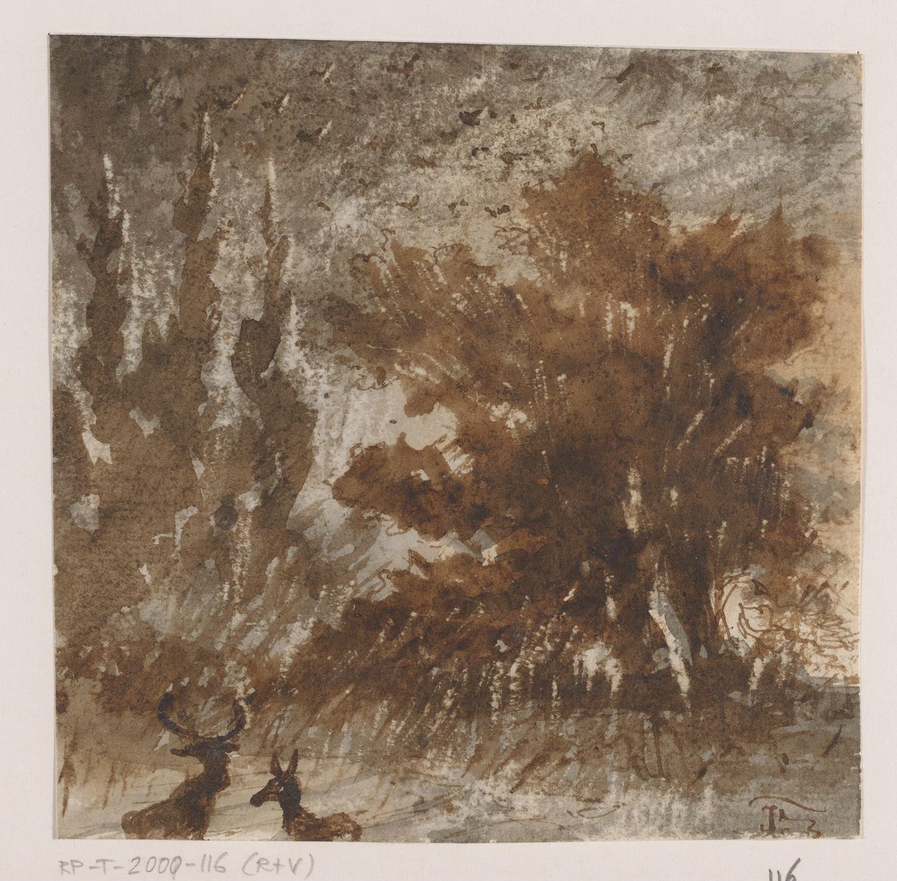 Hjort og fugler i nærheten av høye trær av Johannes Tavenraat (signed by artist)